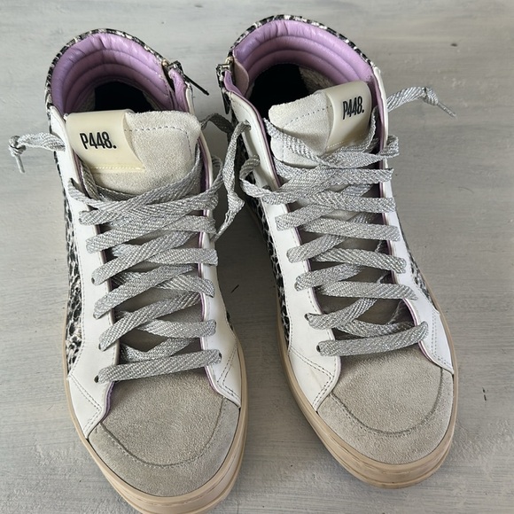 P448 Women’s Skate Glitter Lace-Up High Top Sneakers Size 38 Leather Shoe Italy - Picture 5 of 16